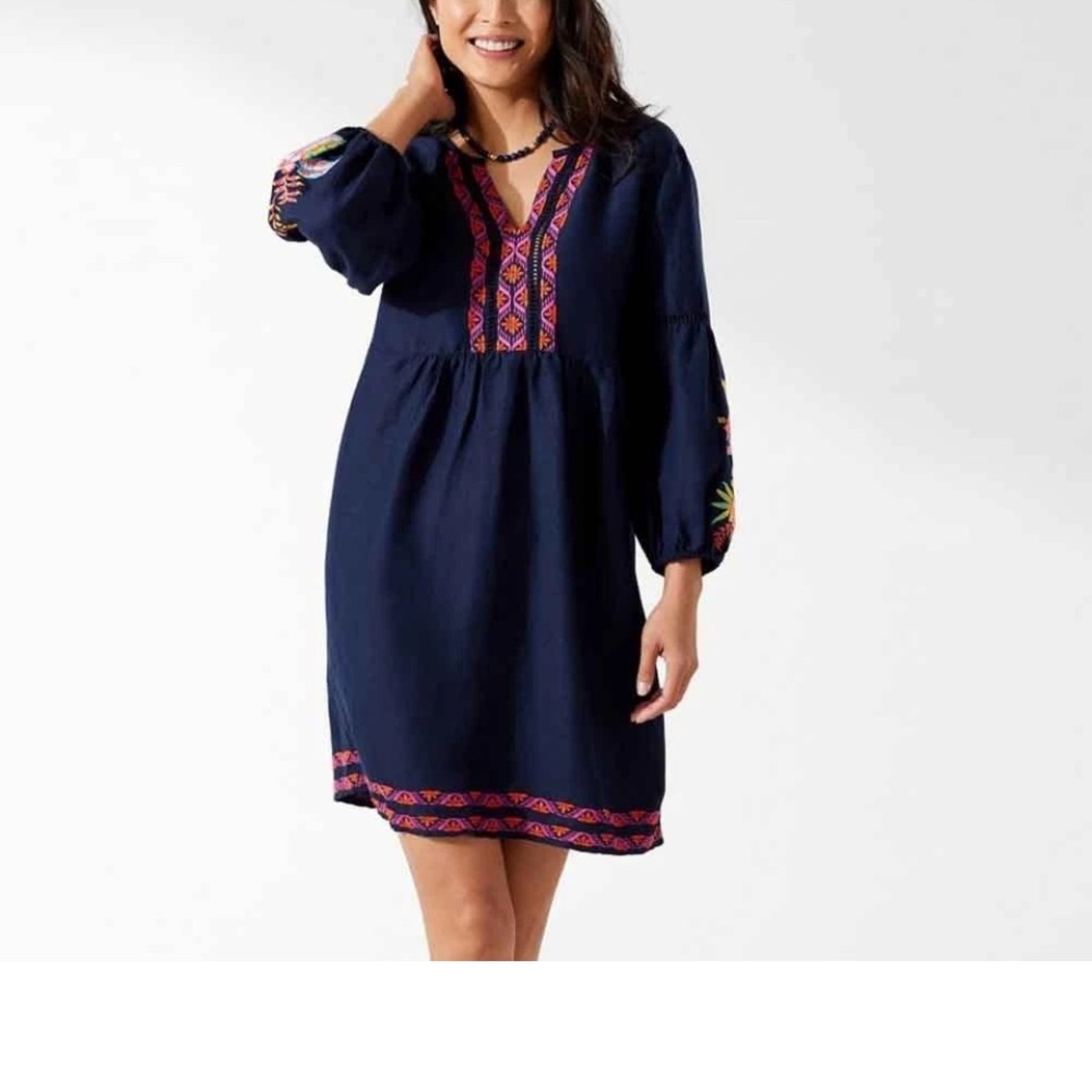 Navy Embroidered Boho Dress